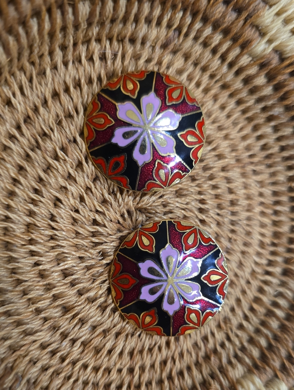 Vtg. Floral Cloisonne Round Post Earrings